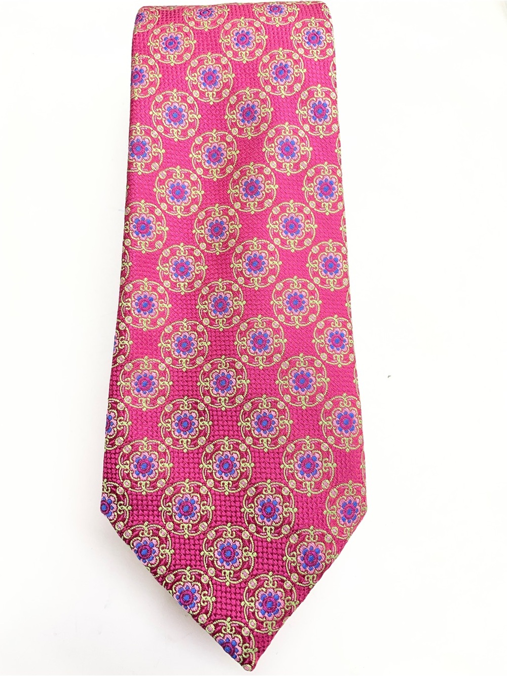 David Donahue Fuchsia Silk Tie with Blue and Gold Medallions